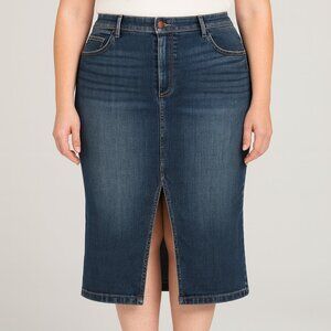 Wash Lab Denim Midi Jean Skirt Size 32 (14) Pencil Front Slit Faded Whiskering